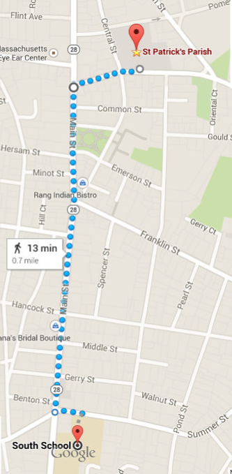 We will be walking from the big parking lot behind Saint Patrick Church to the South School parking lot and back!